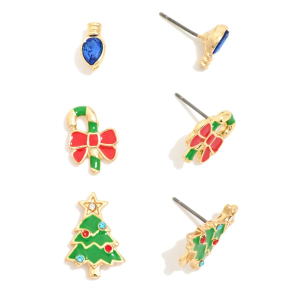 Set Of Three Enamel & Rhinestone Christmas Stud Earrings 
- Approximately .25-.5" L
