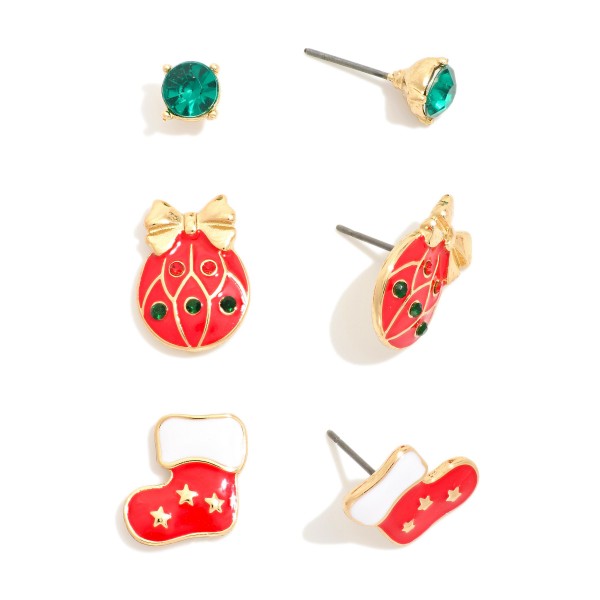 Wholesale set Three Christmas Stud Earrings Ornaments Stockings Rhinestones L