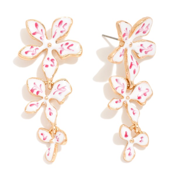 Linked Enamel Flowers Drop Earrings Featuring Paint Brush Details 

- Approximately 2" L