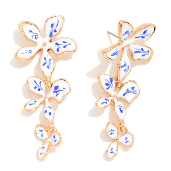 Linked Enamel Flowers Drop Earrings Featuring Paint Brush Details 

- Approximately 2" L