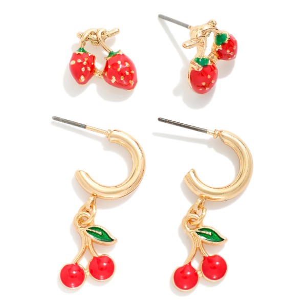 Set Of Three Stud & Hoop Earrings Featuring Strawberries & Cherries

- Approximately .25"- .75" L 