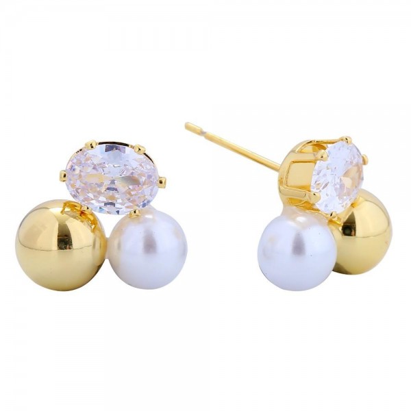 Do Everything In Love Stud Earring Featuring Clear Cubic Zirconia, White Pearl, And Metal Tone Sphere  

- Brass Base
- Hypoallergenic
-Gold Dipped
- Made In Korea
- Approximately .25" D