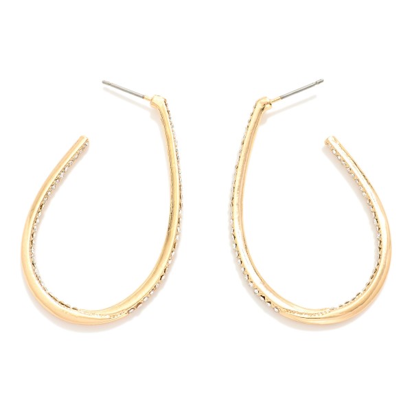 Rhinestone Studded Metal Tone Teardrop Hoop Earrings 

- Approximately 2" L