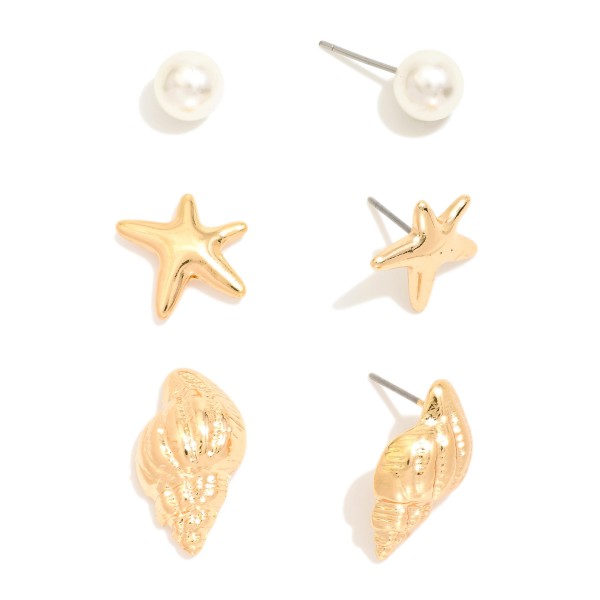 Wholesale set Three Metal Pearl Sea Animal Stud Earrings L