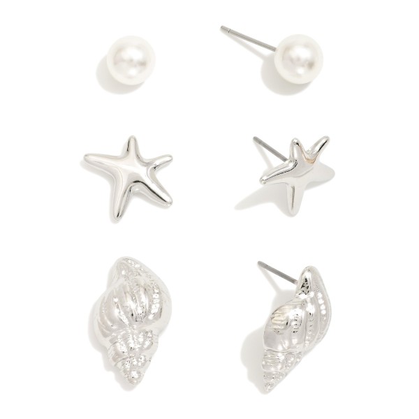 Wholesale set Three Metal Pearl Sea Animal Stud Earrings L