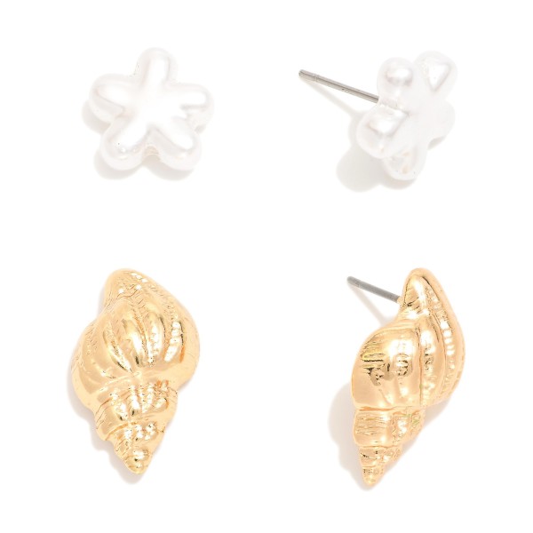 Wholesale set Two Pearl Flower Metal Shell Stud Earrings L