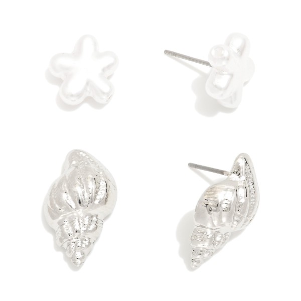 Wholesale set Two Pearl Flower Metal Shell Stud Earrings L