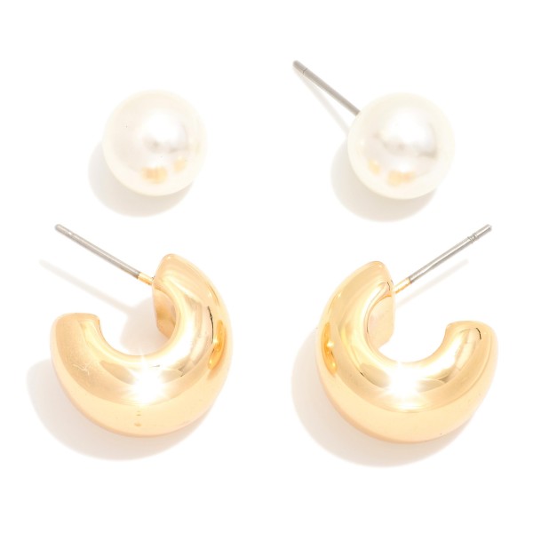 Wholesale set Two Pearl Stud Metal Chunky Hoop Earrings L