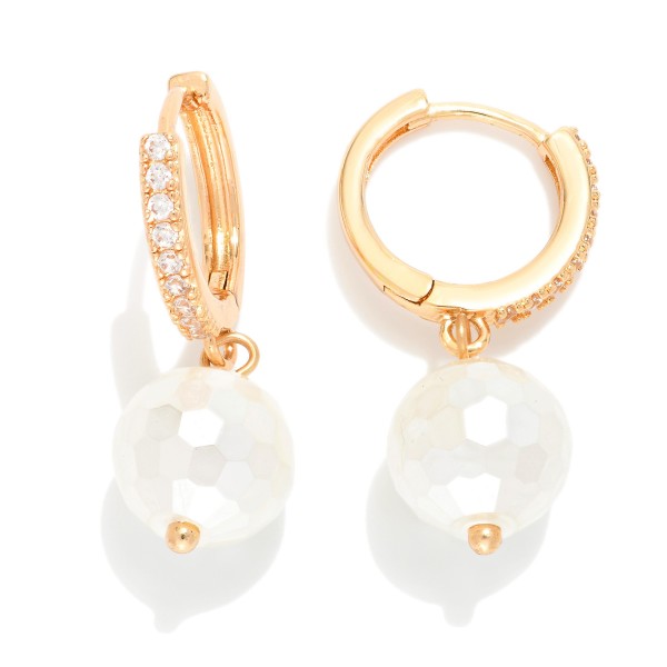 Wholesale rhinestone Studded Huggie Hoop Earrings Faceted Pearl Accent L
