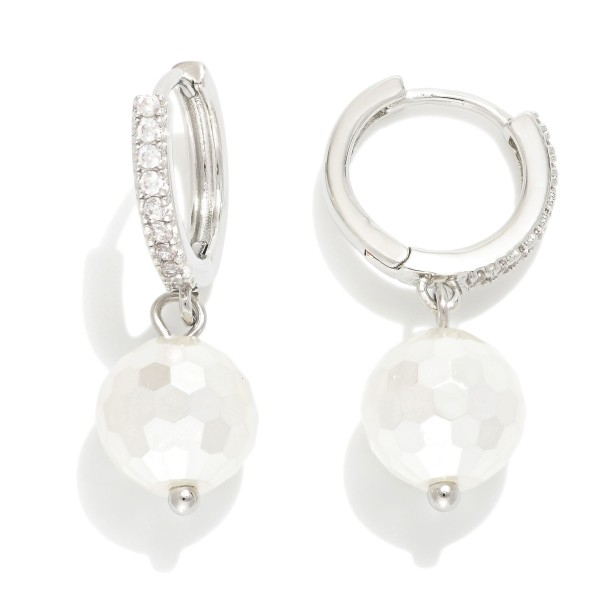 Wholesale rhinestone Studded Huggie Hoop Earrings Faceted Pearl Accent L