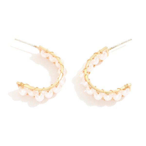 Oval Pearl Woven Metal Hoop Earrings 

- Approximately .75" D
