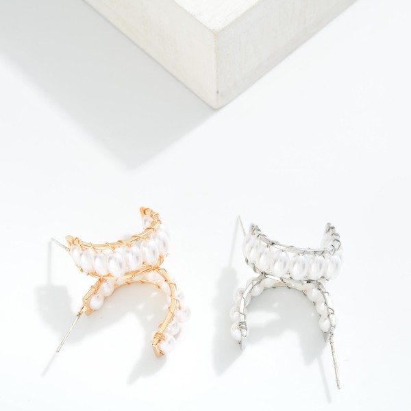 Oval Pearl Woven Metal Hoop Earrings 

- Approximately .75" D