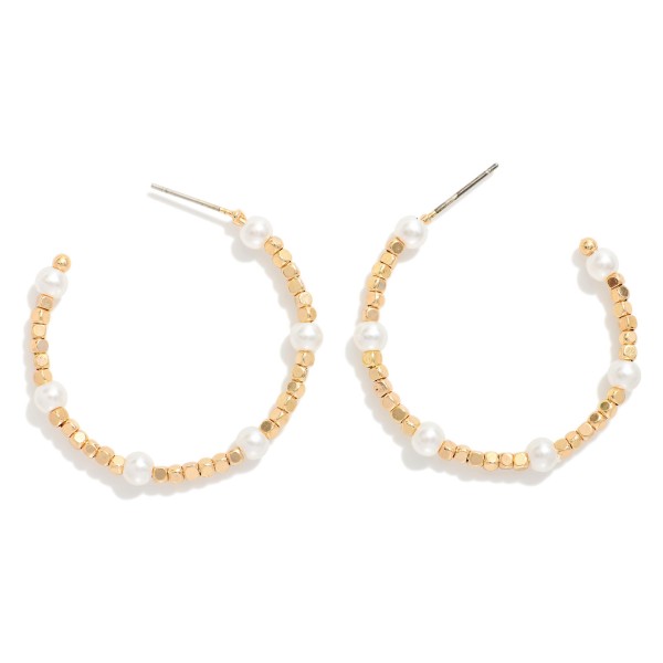 Metal Tone Geometric Shape Bead Beaded Hoop Drop Earrings Featuring Pearl Detail

- Approximately 1.25" L

