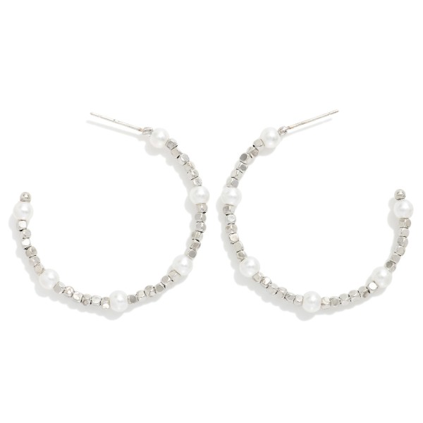 Metal Tone Geometric Shape Bead Beaded Hoop Drop Earrings Featuring Pearl Detail

- Approximately 1.25" L

