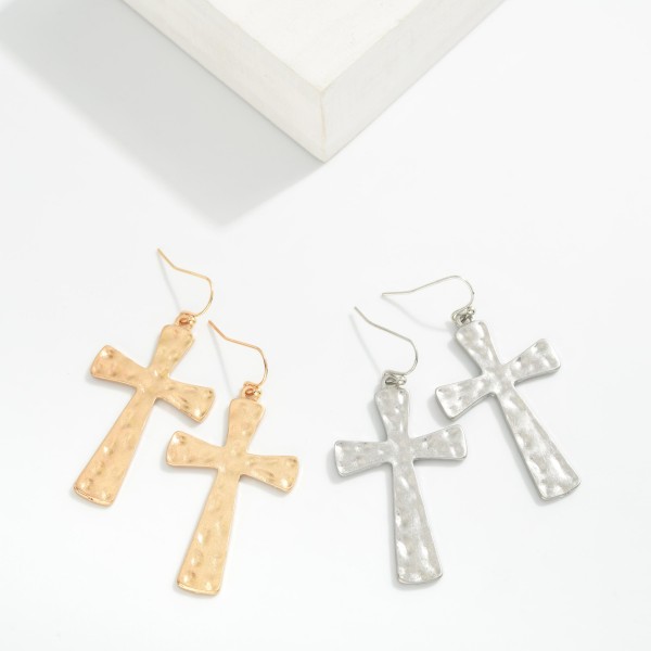 Hammered Metal Cross Drop Earrings 
- Approximately 2" L