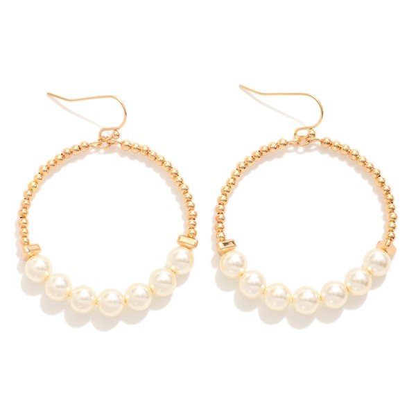 Metal Tone & Pearl Beaded Hoop Drop Earrings 

- Approximately 1.5" L