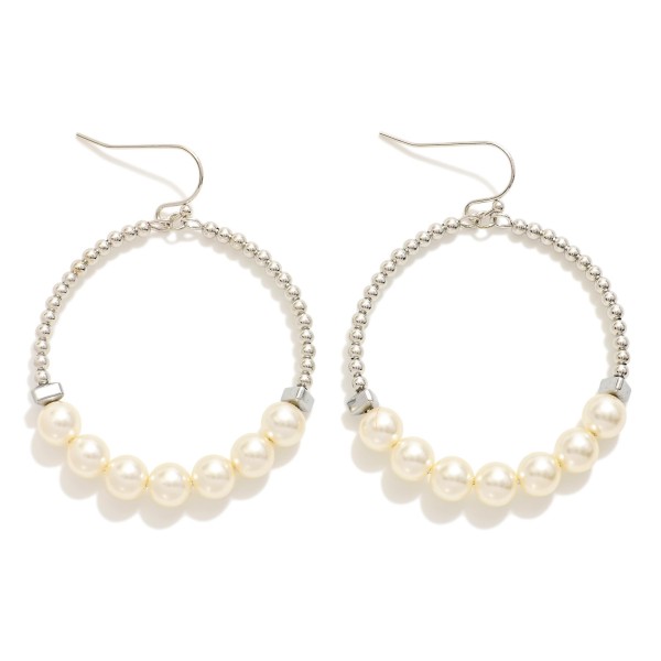 Metal Tone & Pearl Beaded Hoop Drop Earrings 

- Approximately 1.5" L
