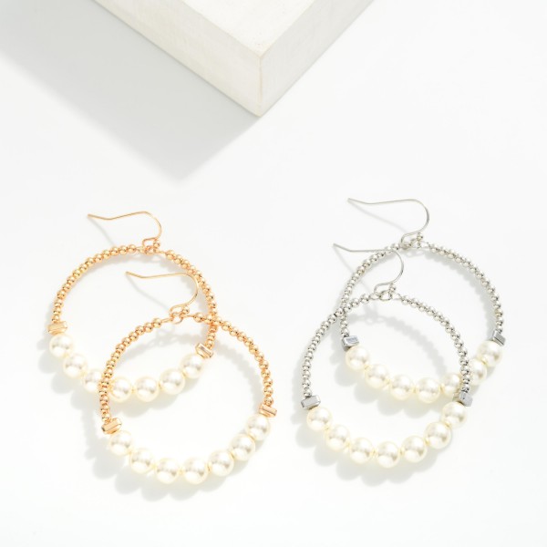 Metal Tone & Pearl Beaded Hoop Drop Earrings 

- Approximately 1.5" L