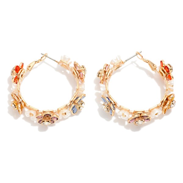 Pearl Flowers Hoop Drop Earrings Featuring 

- Approximately 2.75" L