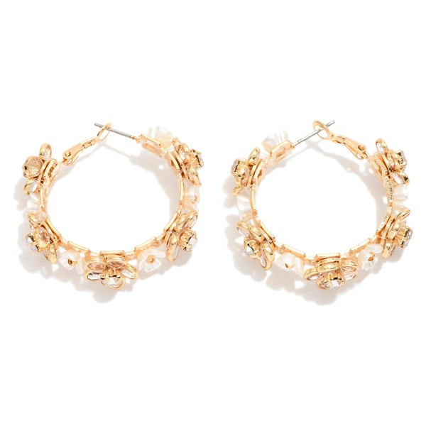 Pearl Flowers Hoop Drop Earrings Featuring 

- Approximately 2.75" L