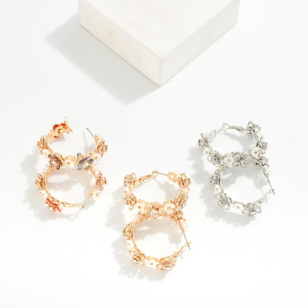 Pearl Flowers Hoop Drop Earrings Featuring 

- Approximately 2.75" L