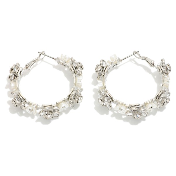 Pearl Flowers Hoop Drop Earrings Featuring 

- Approximately 2.75" L