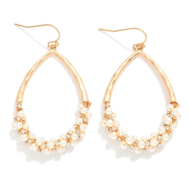 Hammered Metal Teardrop Drop Earrings Featuring Wrapped Pearl Accent 

- Approximately 2" L