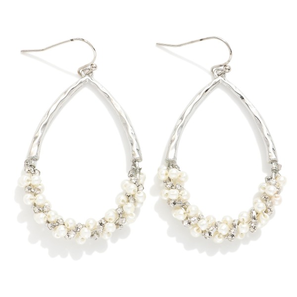 Hammered Metal Teardrop Drop Earrings Featuring Wrapped Pearl Accent 

- Approximately 2" L