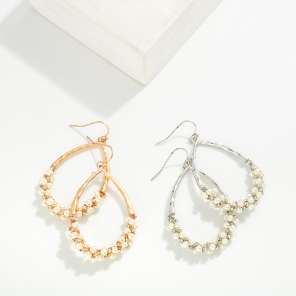 Hammered Metal Teardrop Drop Earrings Featuring Wrapped Pearl Accent 

- Approximately 2" L