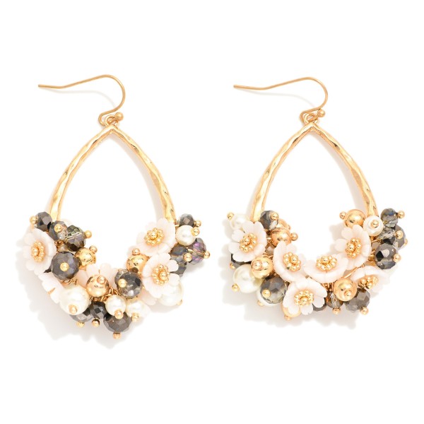 Hammered Metal Teardrop Drop Earrings Featuring Flower, Pearl, & Faceted Bead Cluster

- Approximately 2.5" L 