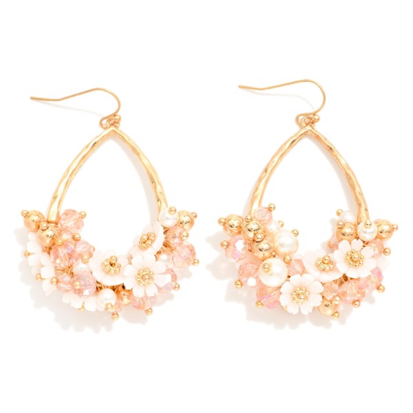 Hammered Metal Teardrop Drop Earrings Featuring Flower, Pearl, & Faceted Bead Cluster

- Approximately 2.5" L 