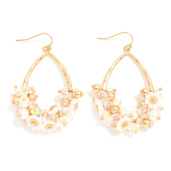 Hammered Metal Teardrop Drop Earrings Featuring Flower, Pearl, & Faceted Bead Cluster

- Approximately 2.5" L 