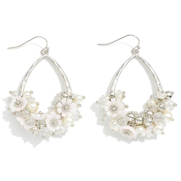 Hammered Metal Teardrop Drop Earrings Featuring Flower, Pearl, & Faceted Bead Cluster

- Approximately 2.5" L 