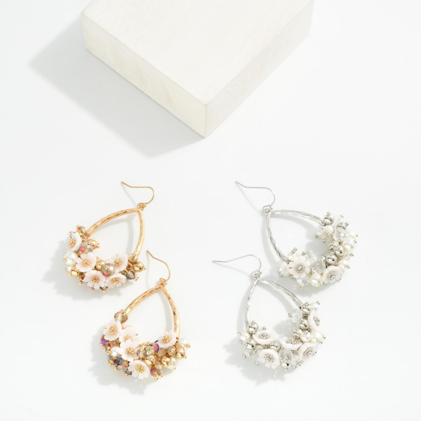 Hammered Metal Teardrop Drop Earrings Featuring Flower, Pearl, & Faceted Bead Cluster

- Approximately 2.5" L 