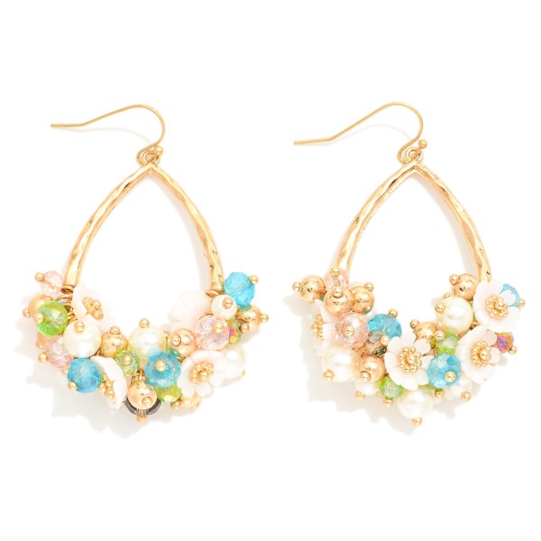 Hammered Metal Teardrop Drop Earrings Featuring Flower, Pearl, & Faceted Bead Cluster

- Approximately 2.5" L 