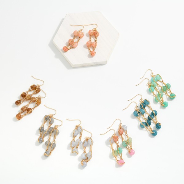 Intertwined Stone Bead & Chain Link Drop Earrings 

- Approximately  2" L