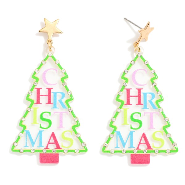 Wholesale acrylic Christmas Tree Drop Earrings Gold Star Rhinestones L