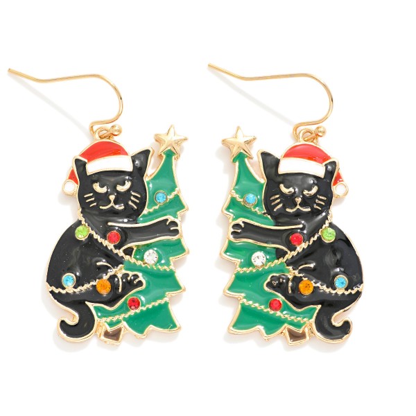 Enamel Christmas Cat & Tree Drop Earrings 

- Approximately 1.75" L