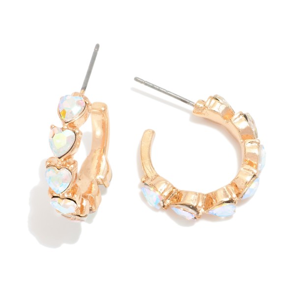 Metal Tone Hoop Drop Earring Featuring Studded Heart Shaped Rhinestones 

- Approximately .75" D 