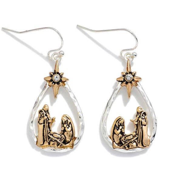 Metal Tone Nativity Scene Drop Earrings 

- Approximately 1.5" L