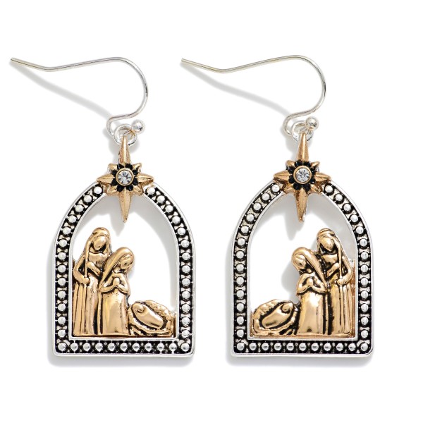 Metal Tone Nativity Scene Drop Earrings 

- Approximately 1.5" L