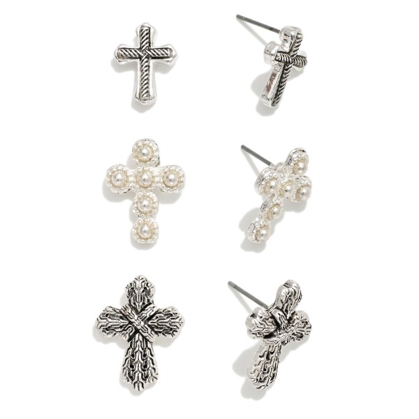 Set Of Three Textured Metal Cross Post Drop Earrings Featuring Pearl Details

- Approximately .75" L