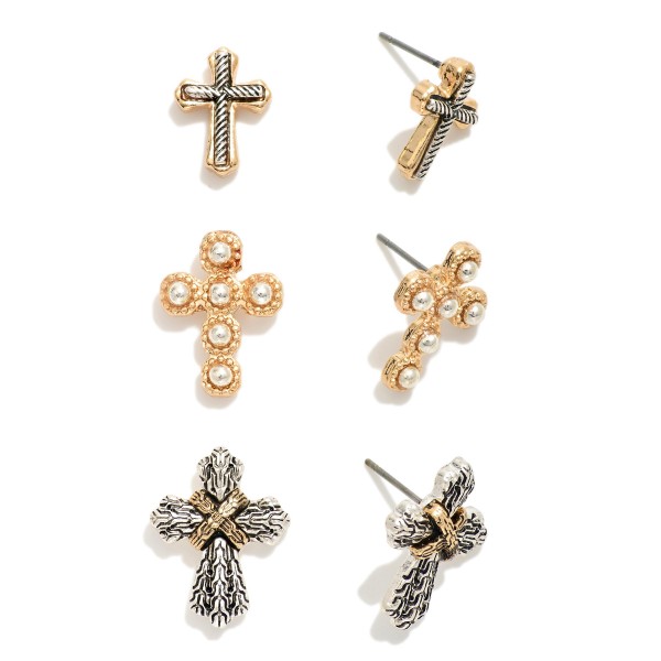 Set Of Three Textured Metal Cross Post Drop Earrings Featuring Pearl Details

- Approximately .75" L