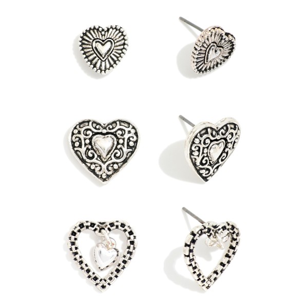 Set Of Three Textured Metal Heart Post Drop Earrings 

- Approximately .5" L