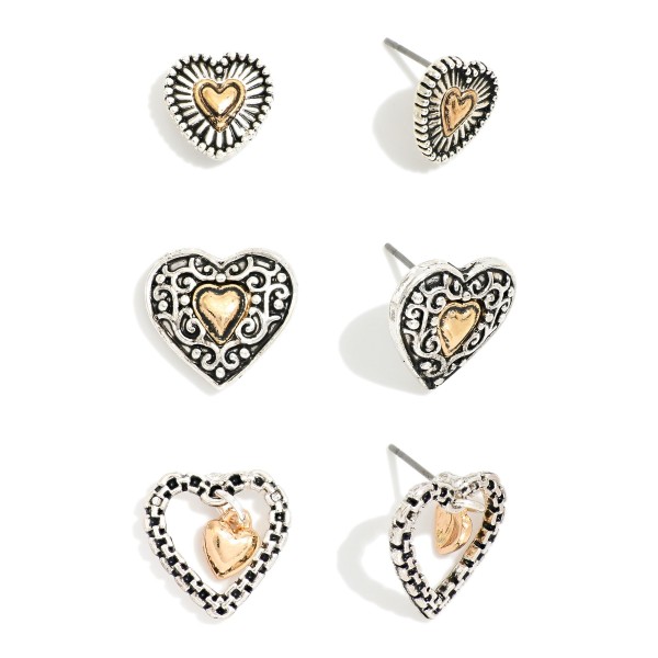 Set Of Three Textured Metal Heart Post Drop Earrings 

- Approximately .5" L