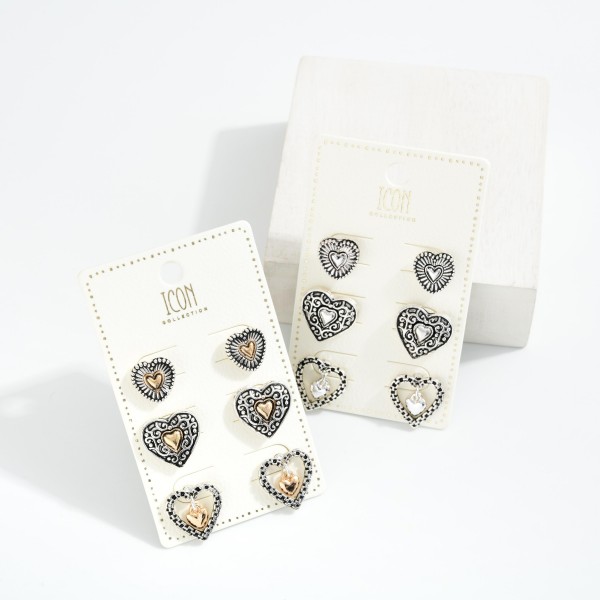 Set Of Three Textured Metal Heart Post Drop Earrings 

- Approximately .5" L