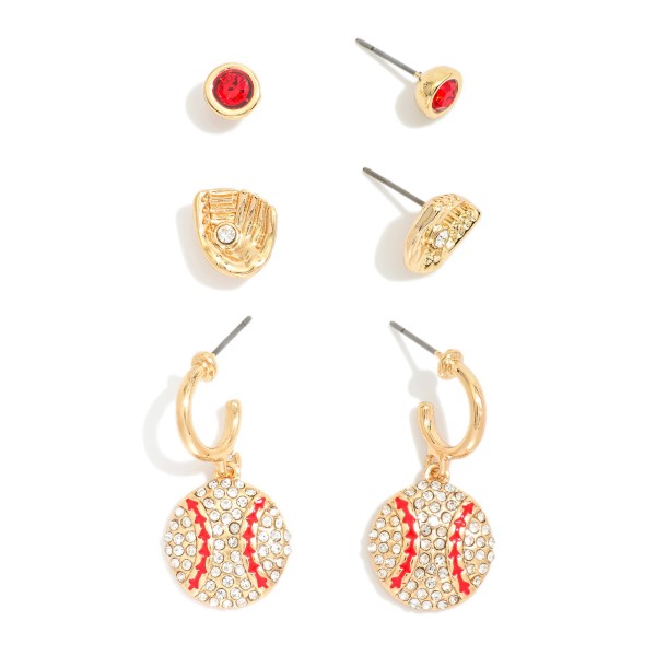 Set Of Three Baseball Earrings Featuring Metal Tones & Rhinestones

- Approximately .25" L- 1" L