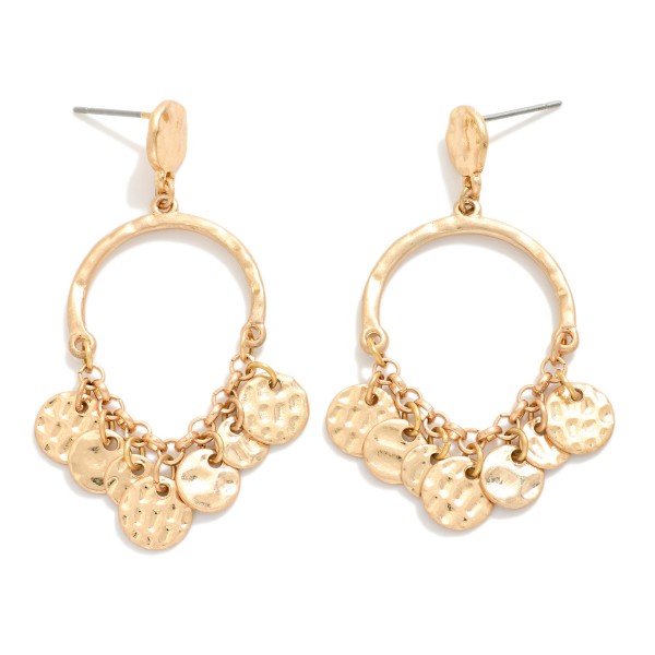 Hammered Metal Half Hoop Post Drop Earrings Featuring Chain Linked Disk Details 

- Approximately 2" L