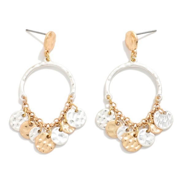 Hammered Metal Half Hoop Post Drop Earrings Featuring Chain Linked Disk Details 

- Approximately 2" L