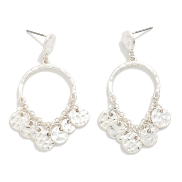 Hammered Metal Half Hoop Post Drop Earrings Featuring Chain Linked Disk Details 

- Approximately 2" L